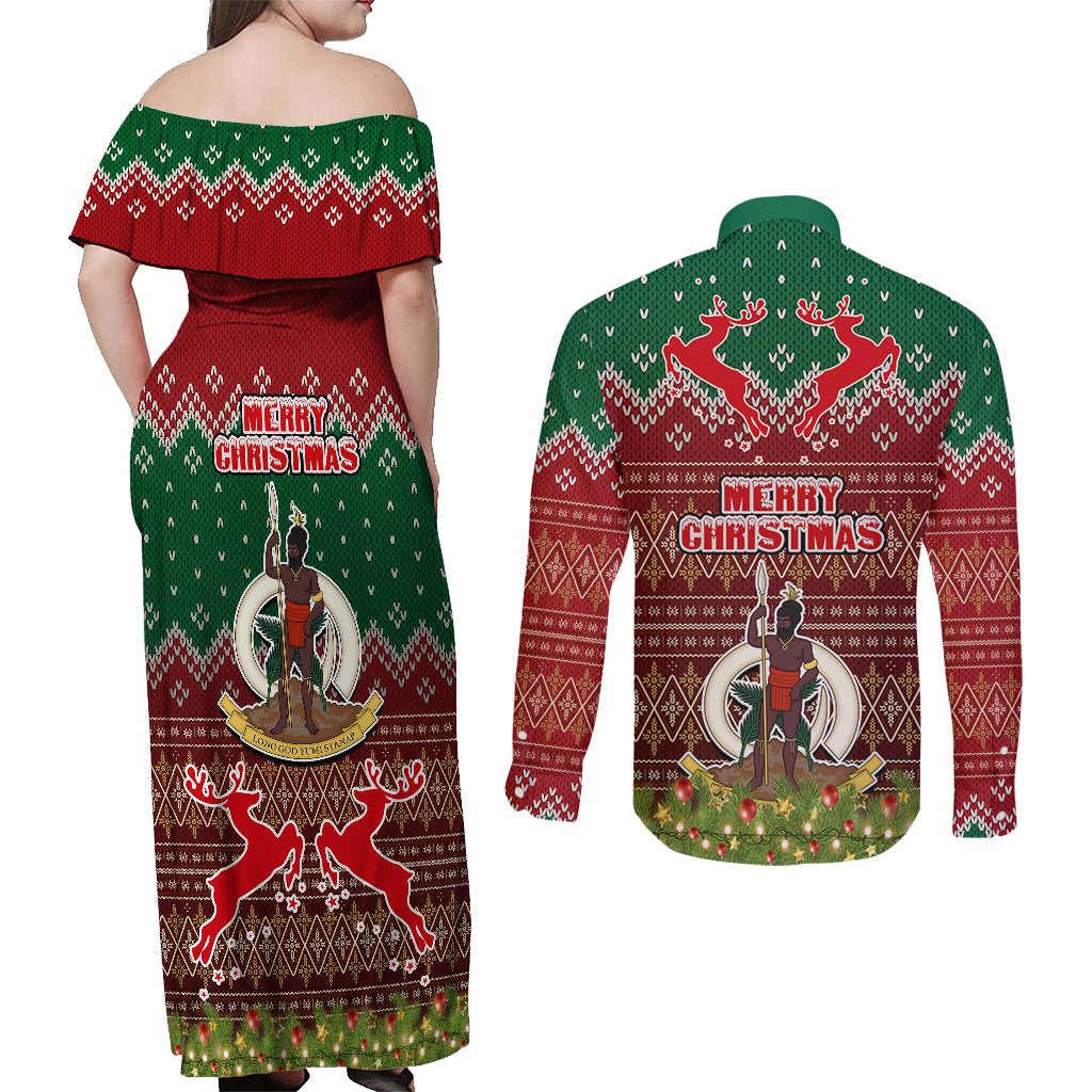 Vanuatu Christmas Couples Matching Off Shoulder Maxi Dress and Long Sleeve Button Shirts Pig Tusk Beautiful Merry Xmas Snowflake LT03 - Polynesian Pride