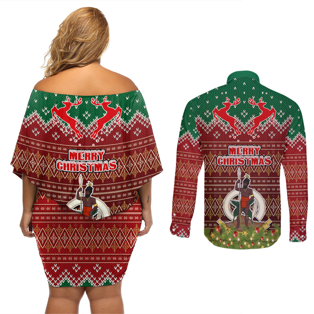 Vanuatu Christmas Couples Matching Off Shoulder Short Dress and Long Sleeve Button Shirts Pig Tusk Beautiful Merry Xmas Snowflake LT03 - Polynesian Pride