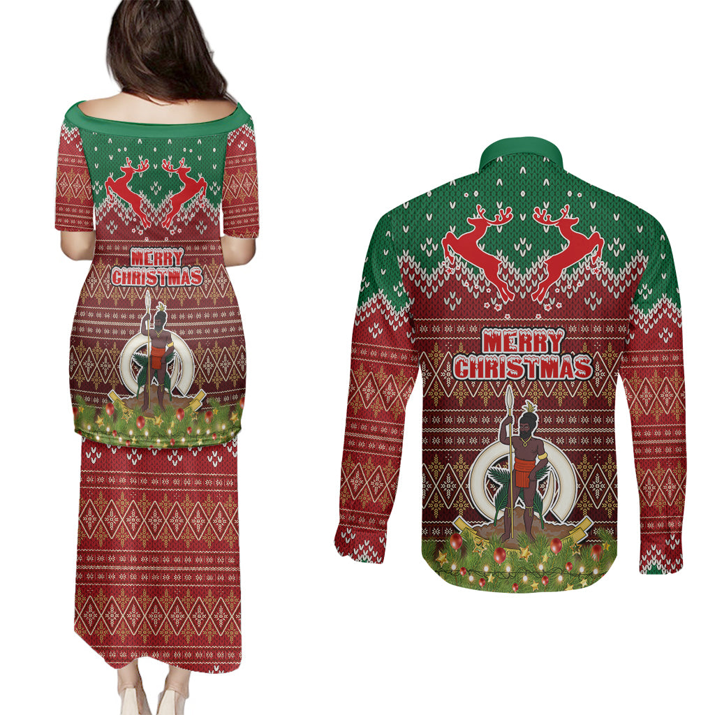 Vanuatu Christmas Couples Matching Puletasi Dress and Long Sleeve Button Shirts Pig Tusk Beautiful Merry Xmas Snowflake LT03 - Polynesian Pride