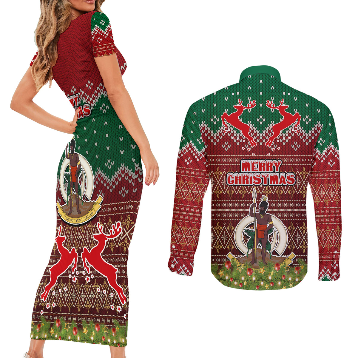 Vanuatu Christmas Couples Matching Short Sleeve Bodycon Dress and Long Sleeve Button Shirts Pig Tusk Beautiful Merry Xmas Snowflake LT03 - Polynesian Pride