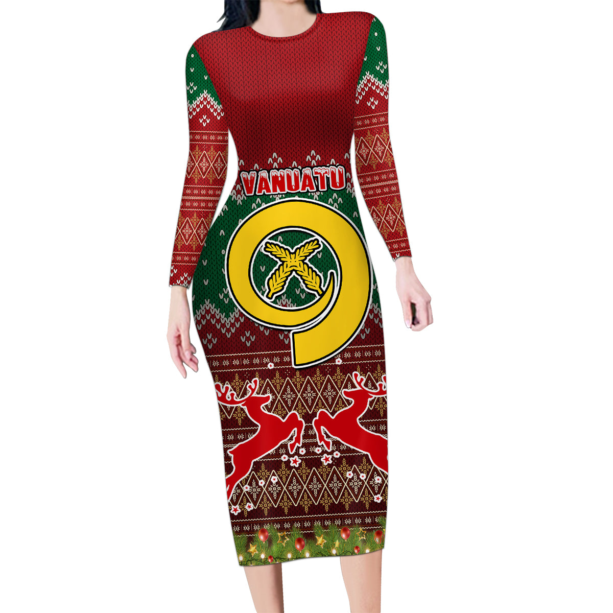 Vanuatu Christmas Family Matching Long Sleeve Bodycon Dress and Hawaiian Shirt Pig Tusk Beautiful Merry Xmas Snowflake LT03 Mom's Dress Red - Polynesian Pride