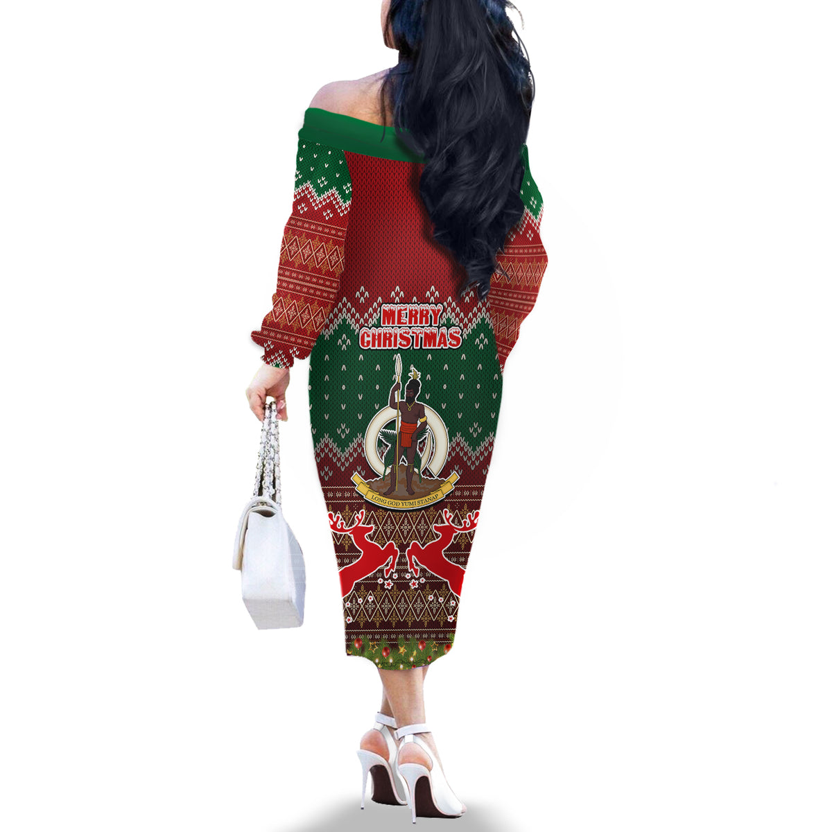 Vanuatu Christmas Off The Shoulder Long Sleeve Dress Pig Tusk Beautiful Merry Xmas Snowflake LT03 - Polynesian Pride