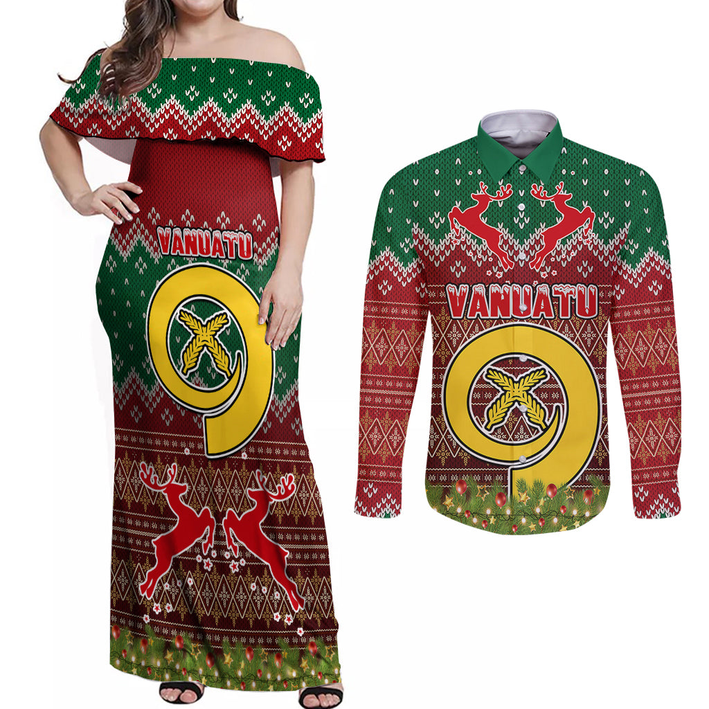 Personalised Vanuatu Christmas Couples Matching Off Shoulder Maxi Dress and Long Sleeve Button Shirts Pig Tusk Beautiful Merry Xmas Snowflake LT03 Red - Polynesian Pride