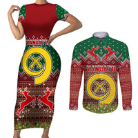 Personalised Vanuatu Christmas Couples Matching Short Sleeve Bodycon Dress and Long Sleeve Button Shirts Pig Tusk Beautiful Merry Xmas Snowflake LT03 Red - Polynesian Pride