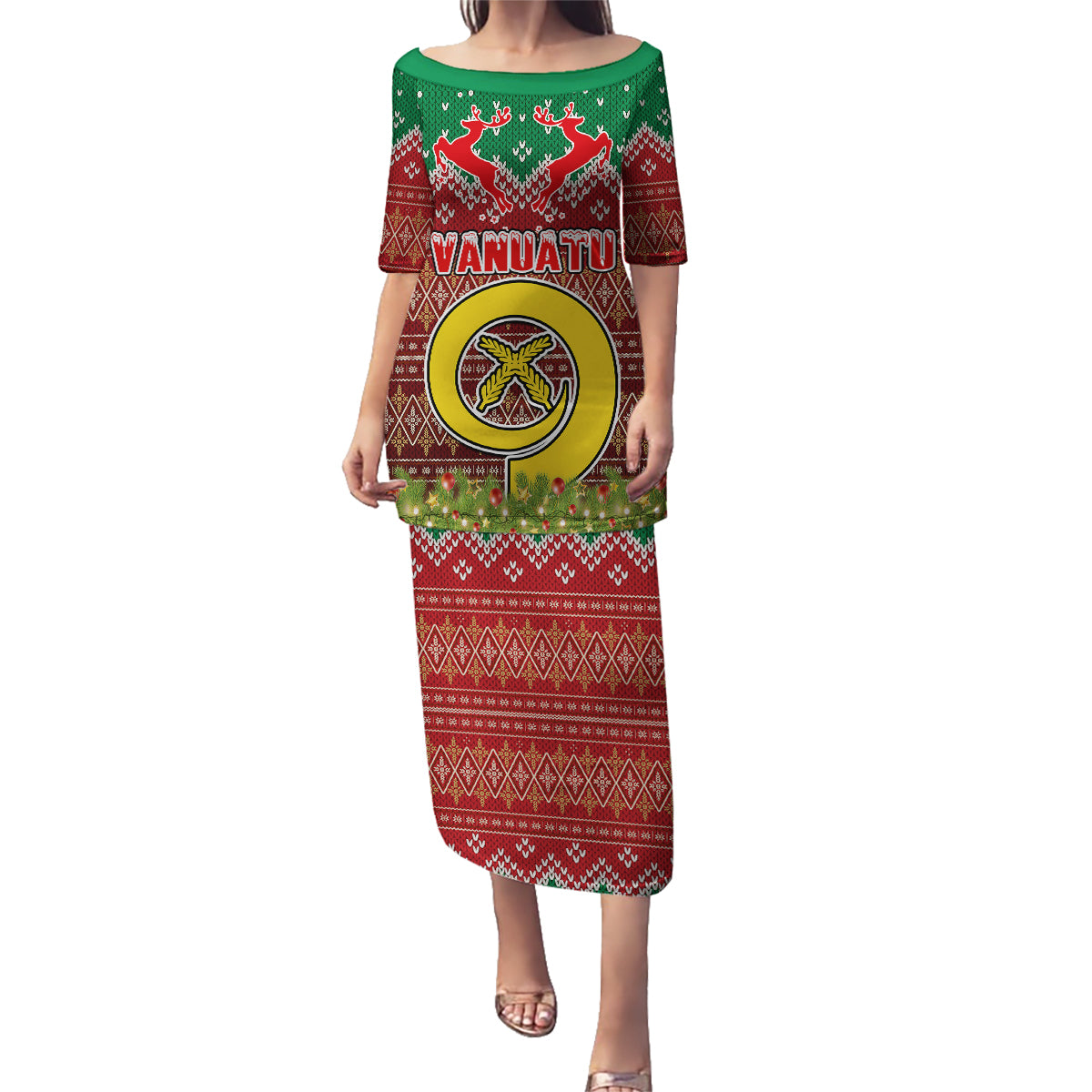 Personalised Vanuatu Christmas Family Matching Puletasi Dress and Hawaiian Shirt Pig Tusk Beautiful Merry Xmas Snowflake LT03 Mom's Dress Red - Polynesian Pride
