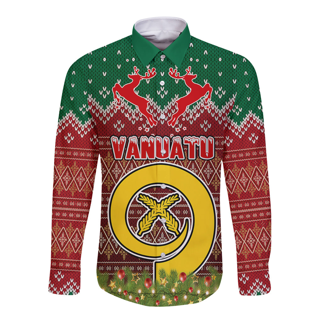 Personalised Vanuatu Christmas Long Sleeve Button Shirt Pig Tusk Beautiful Merry Xmas Snowflake LT03 Unisex Red - Polynesian Pride