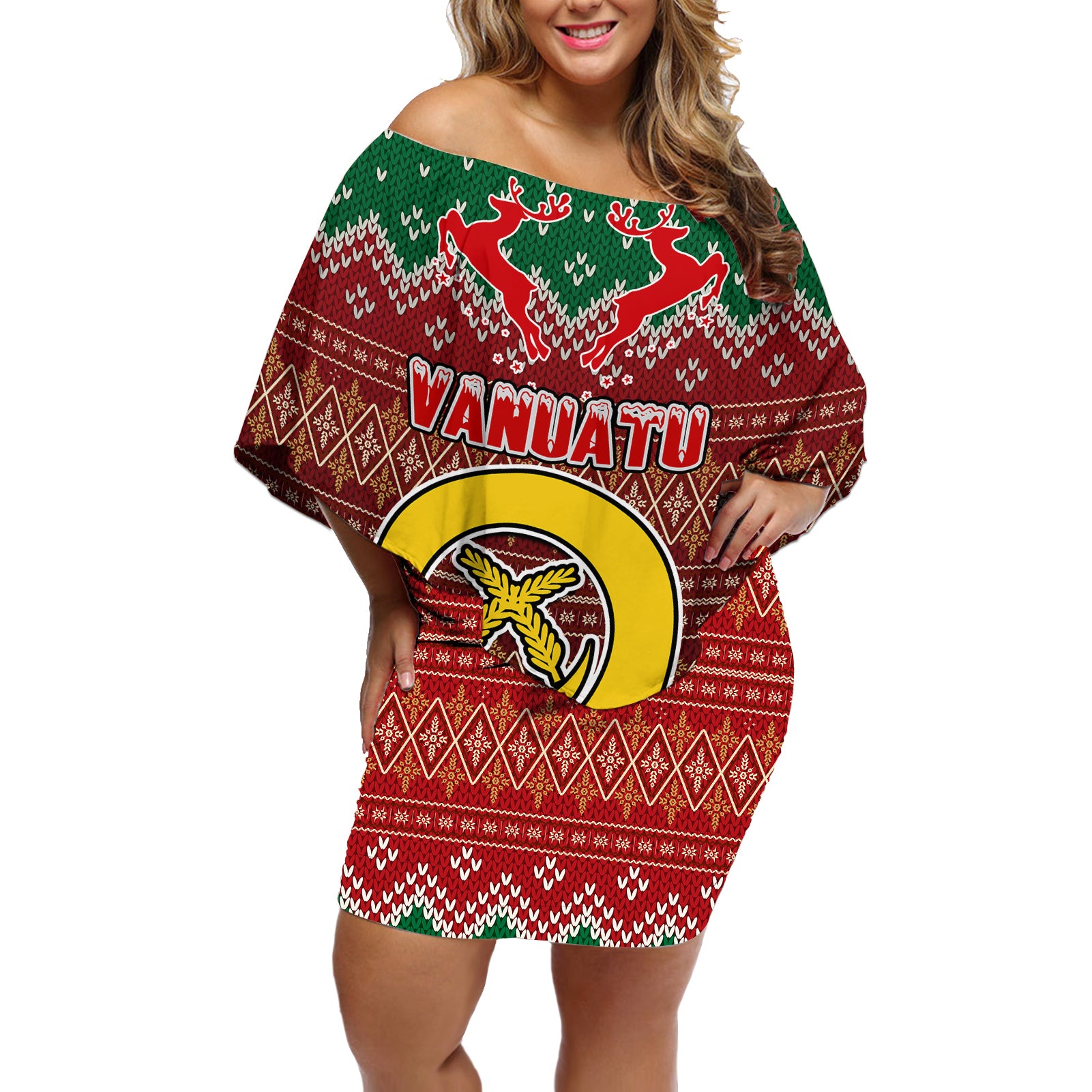 Personalised Vanuatu Christmas Off Shoulder Short Dress Pig Tusk Beautiful Merry Xmas Snowflake LT03 Women Red - Polynesian Pride