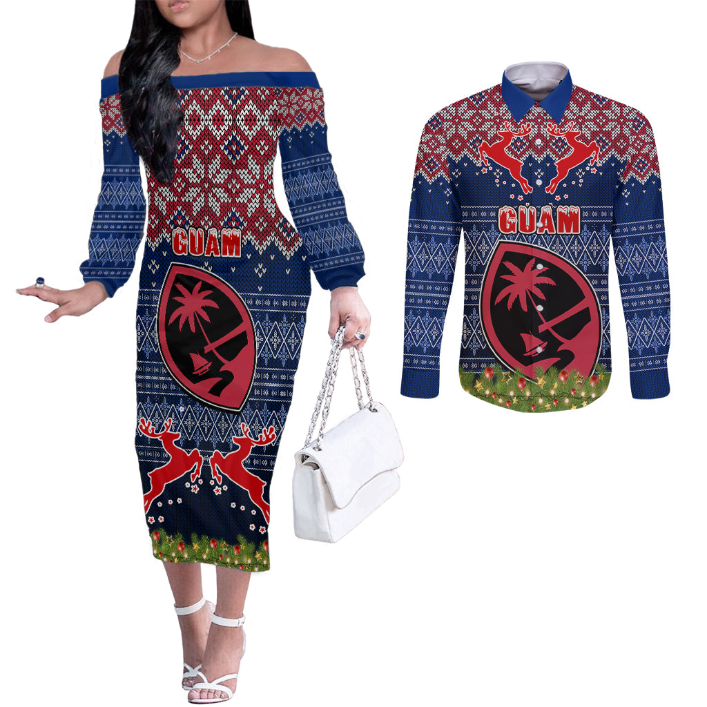 Guam Christmas Couples Matching Off The Shoulder Long Sleeve Dress and Long Sleeve Button Shirts Chamorro Guam Tattoos Beautiful Merry Xmas Snowflake LT03 Blue - Polynesian Pride