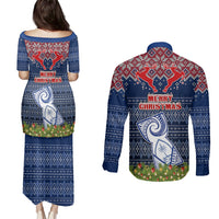 Guam Christmas Couples Matching Puletasi Dress and Long Sleeve Button Shirts Chamorro Guam Tattoos Beautiful Merry Xmas Snowflake LT03 - Polynesian Pride