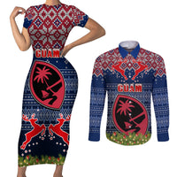 Guam Christmas Couples Matching Short Sleeve Bodycon Dress and Long Sleeve Button Shirts Chamorro Guam Tattoos Beautiful Merry Xmas Snowflake LT03 Blue - Polynesian Pride