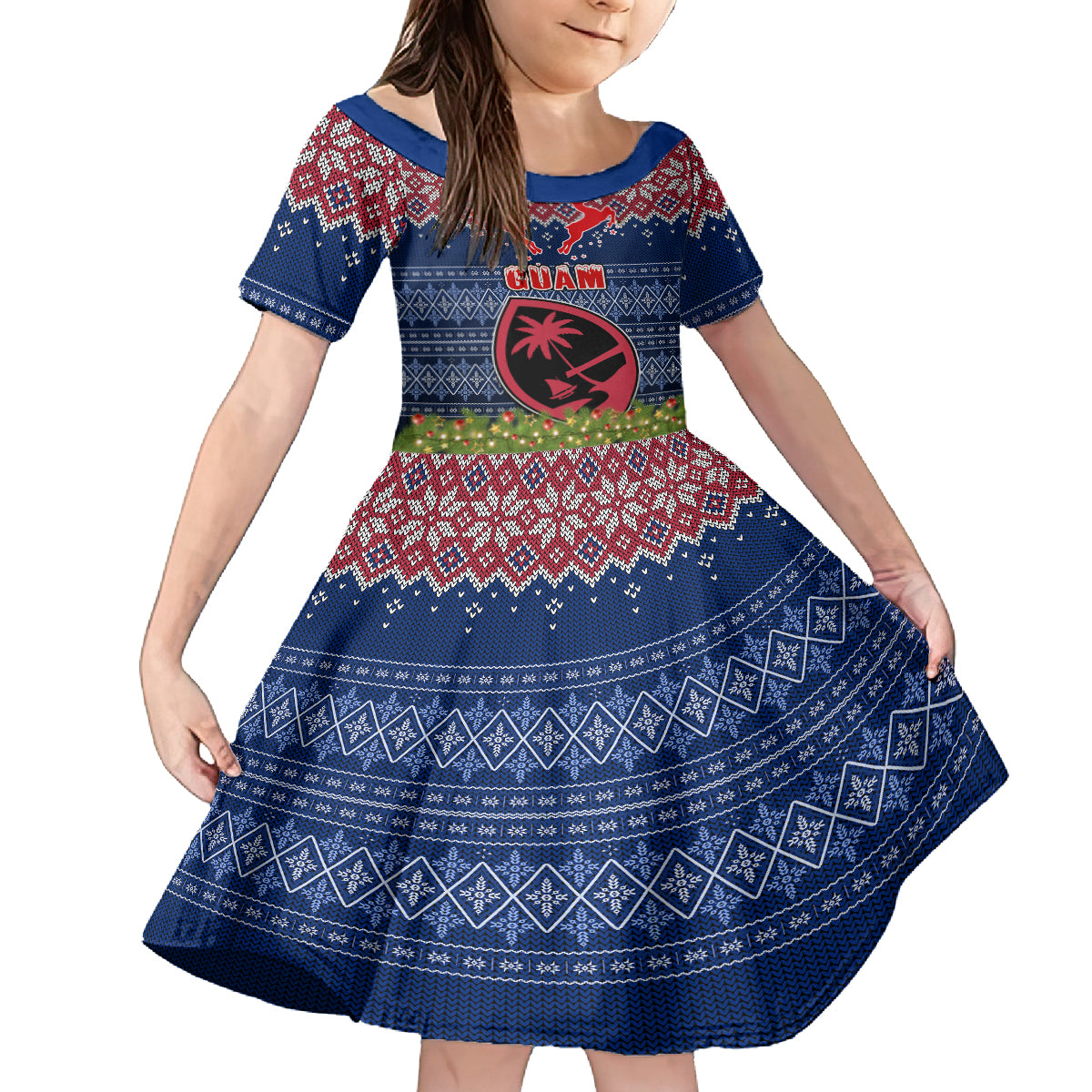 Guam Christmas Family Matching Off Shoulder Long Sleeve Dress and Hawaiian Shirt Chamorro Guam Tattoos Beautiful Merry Xmas Snowflake LT03 Daughter's Dress Blue - Polynesian Pride