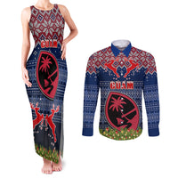 Personalised Guam Christmas Couples Matching Tank Maxi Dress and Long Sleeve Button Shirts Chamorro Guam Tattoos Beautiful Merry Xmas Snowflake LT03 Blue - Polynesian Pride