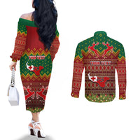 Personalised Tonga Christmas Couples Matching Off The Shoulder Long Sleeve Dress and Long Sleeve Button Shirts Coat of Arms and Map Beautiful Merry Xmas Snowflake LT03 - Polynesian Pride