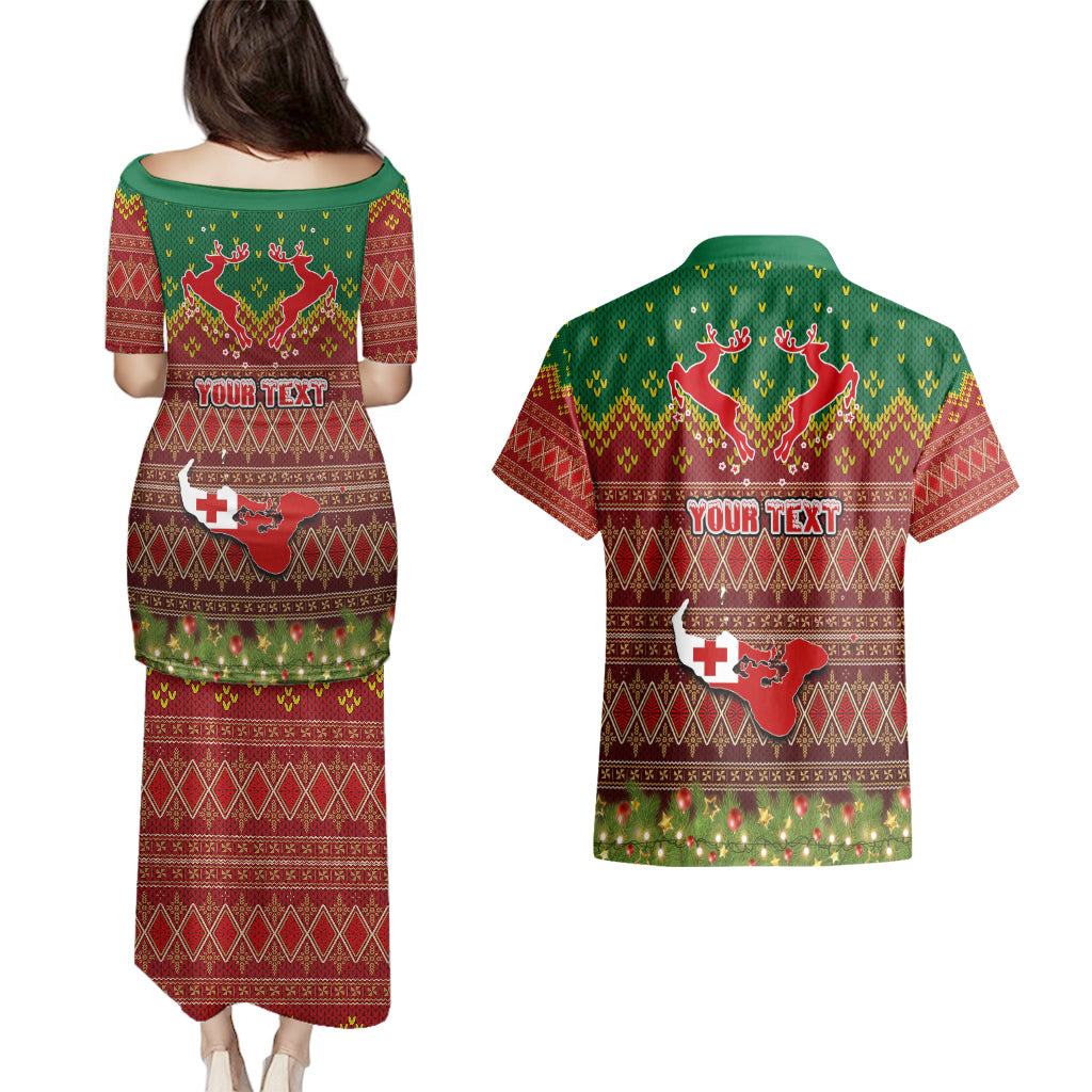 Personalised Tonga Christmas Couples Matching Puletasi Dress and Hawaiian Shirt Coat of Arms and Map Beautiful Merry Xmas Snowflake LT03 - Polynesian Pride