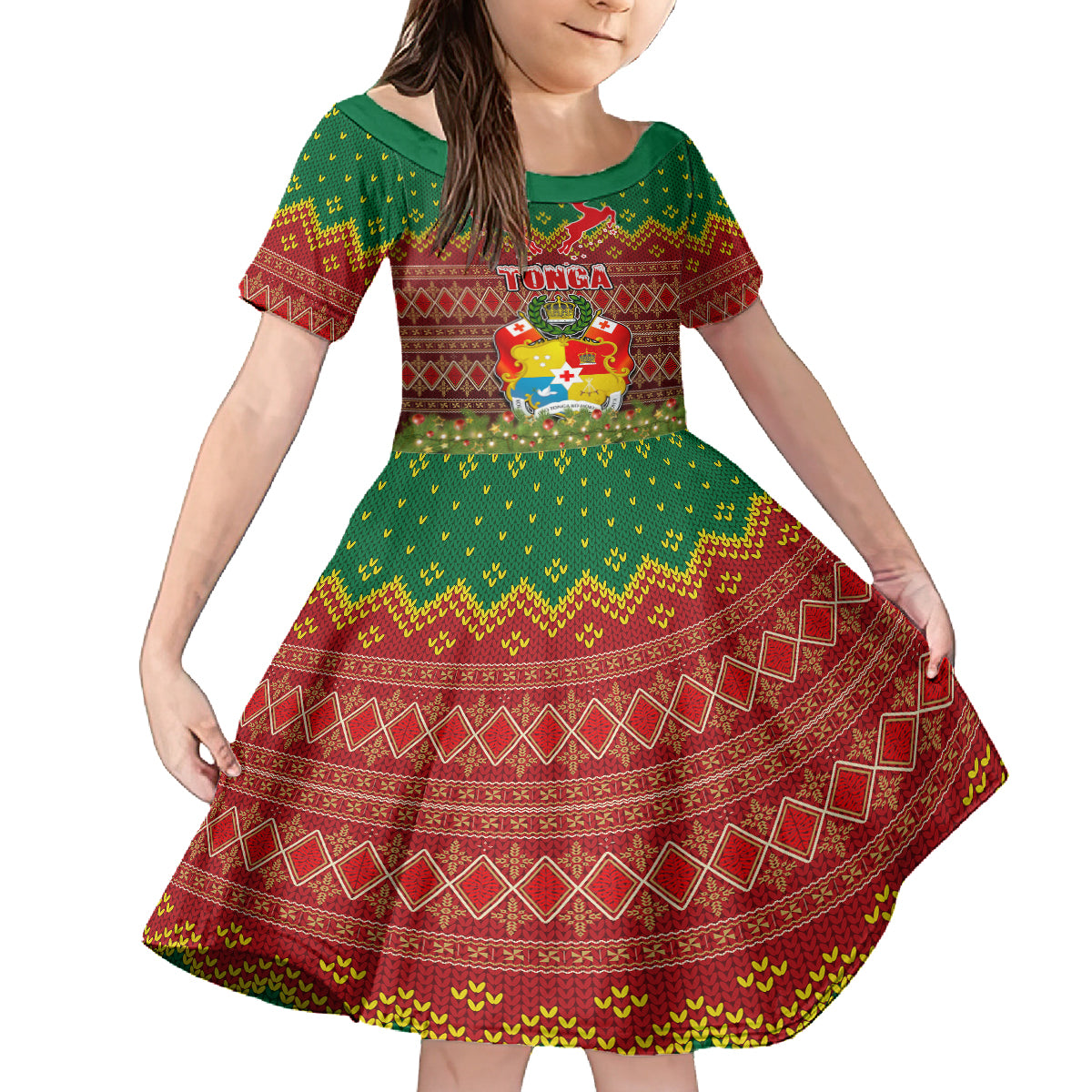 Personalised Tonga Christmas Kid Short Sleeve Dress Coat of Arms and Map Beautiful Merry Xmas Snowflake LT03 KID Red - Polynesian Pride