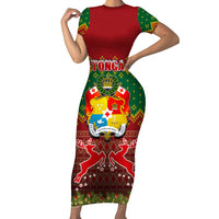 Personalised Tonga Christmas Short Sleeve Bodycon Dress Coat of Arms and Map Beautiful Merry Xmas Snowflake LT03 Long Dress Red - Polynesian Pride