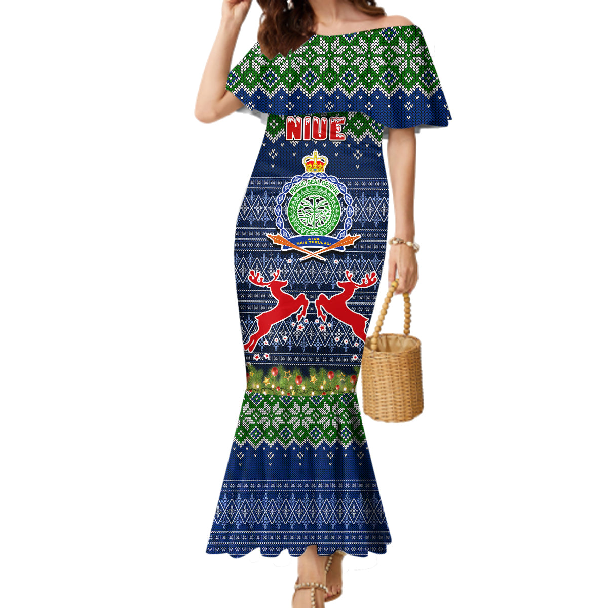 Niue Christmas Family Matching Mermaid Dress and Hawaiian Shirt Coat of Arms and Map Beautiful Merry Xmas Snowflake LT03 Mom's Dress Blue - Polynesian Pride