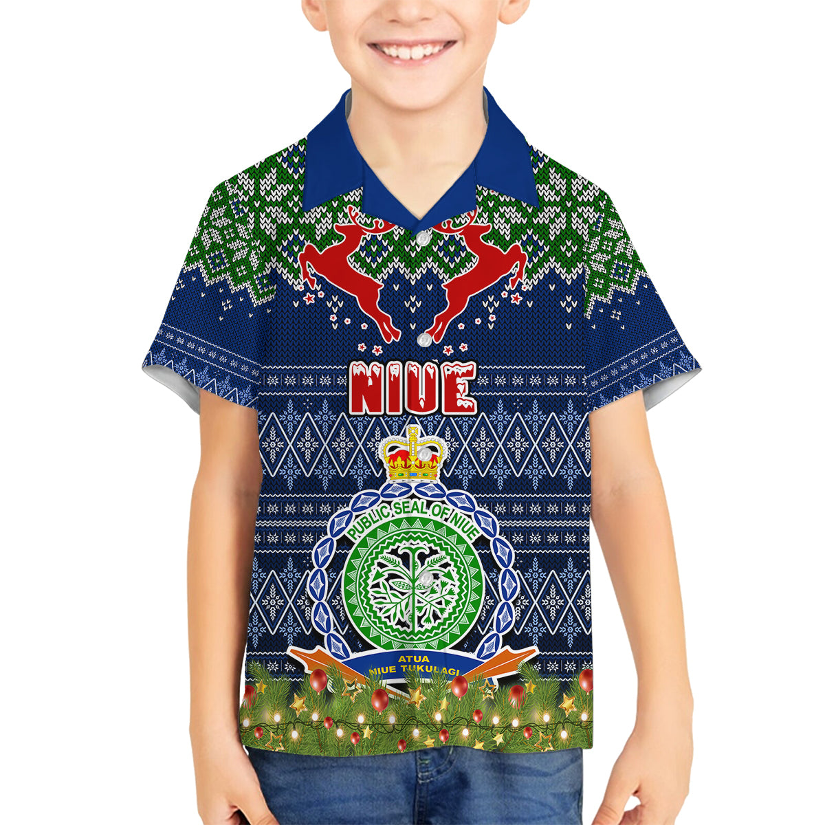 Niue Christmas Family Matching Off Shoulder Short Dress and Hawaiian Shirt Coat of Arms and Map Beautiful Merry Xmas Snowflake LT03 Son's Shirt Blue - Polynesian Pride