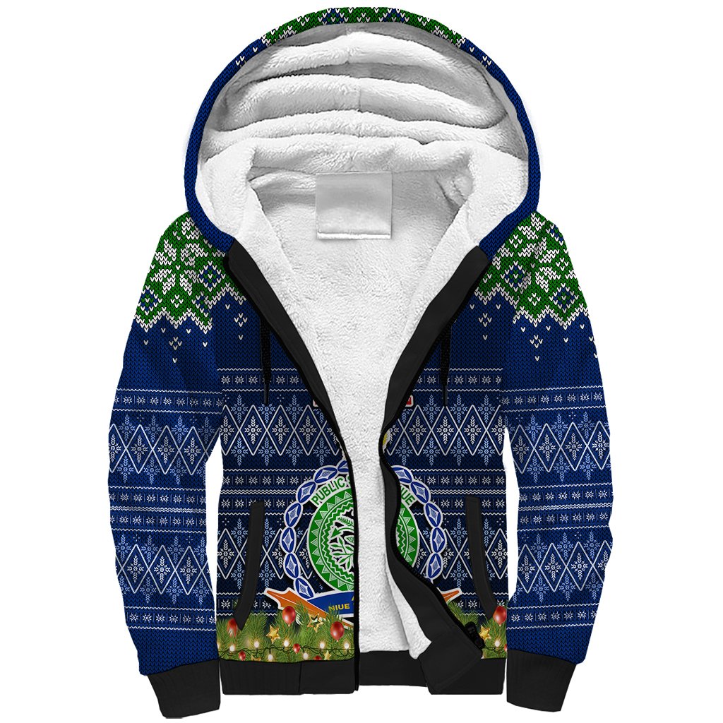 Niue Christmas Sherpa Hoodie Coat of Arms and Map Beautiful Merry Xmas Snowflake LT03 Unisex Blue - Polynesian Pride