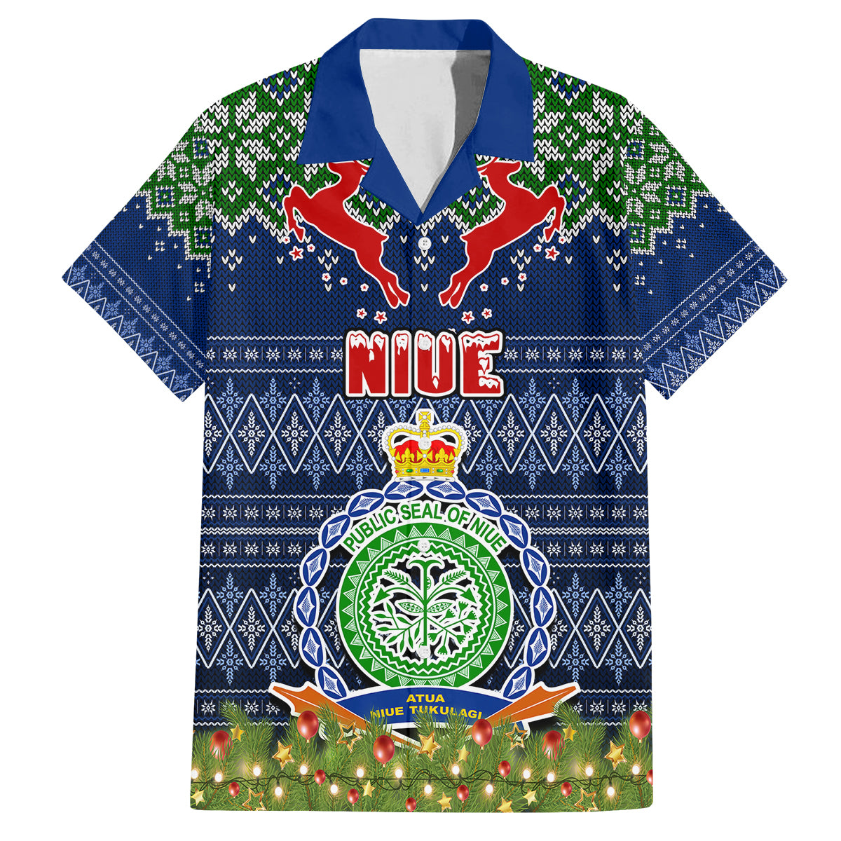 Personalised Niue Christmas Family Matching Mermaid Dress and Hawaiian Shirt Coat of Arms and Map Beautiful Merry Xmas Snowflake LT03 Dad's Shirt - Short Sleeve Blue - Polynesian Pride