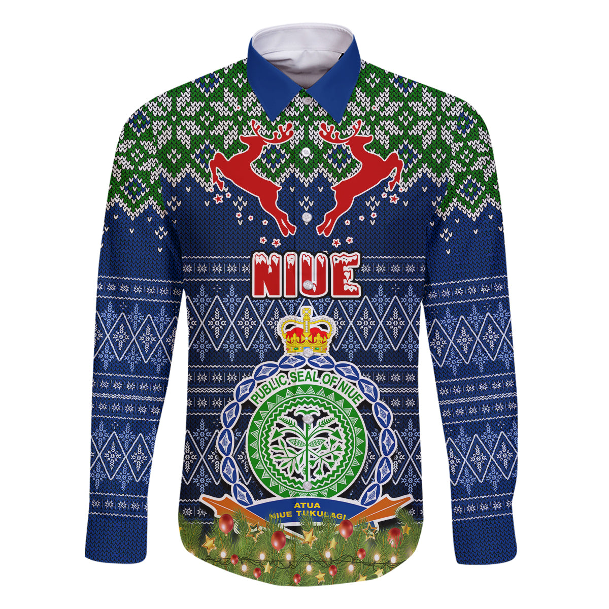 Personalised Niue Christmas Family Matching Mermaid Dress and Hawaiian Shirt Coat of Arms and Map Beautiful Merry Xmas Snowflake LT03 Dad's Shirt - Long Sleeve Blue - Polynesian Pride