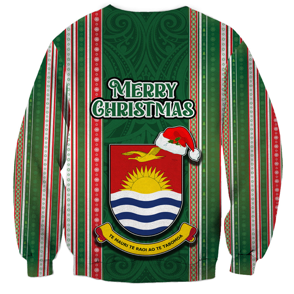 Kiribati Christmas Sweatshirt Santa With Gift Bag Behind Ribbons Seamless Green Maori LT03 - Polynesian Pride