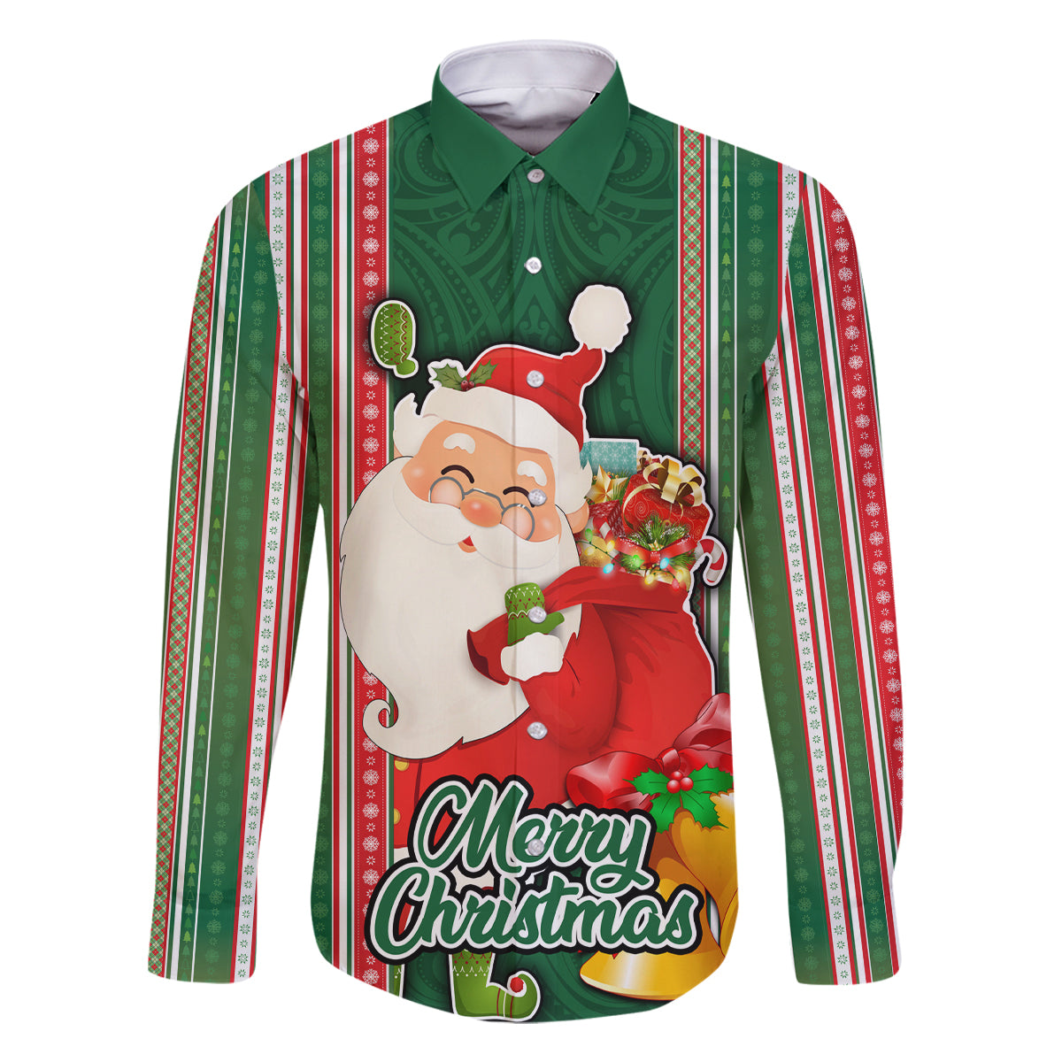 Custom Kiribati Christmas Family Matching Off Shoulder Long Sleeve Dress and Hawaiian Shirt Santa With Gift Bag Behind Ribbons Seamless Green Maori LT03 Dad's Shirt - Long Sleeve Green - Polynesian Pride