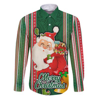 Custom Kiribati Christmas Family Matching Off Shoulder Short Dress and Hawaiian Shirt Santa With Gift Bag Behind Ribbons Seamless Green Maori LT03 Dad's Shirt - Long Sleeve Green - Polynesian Pride