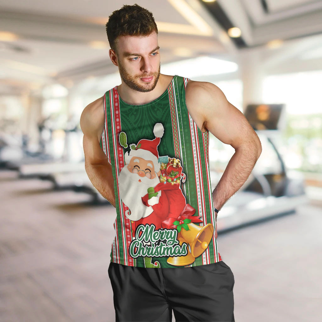 Custom Kiribati Christmas Men Tank Top Santa With Gift Bag Behind Ribbons Seamless Green Maori LT03 - Polynesian Pride