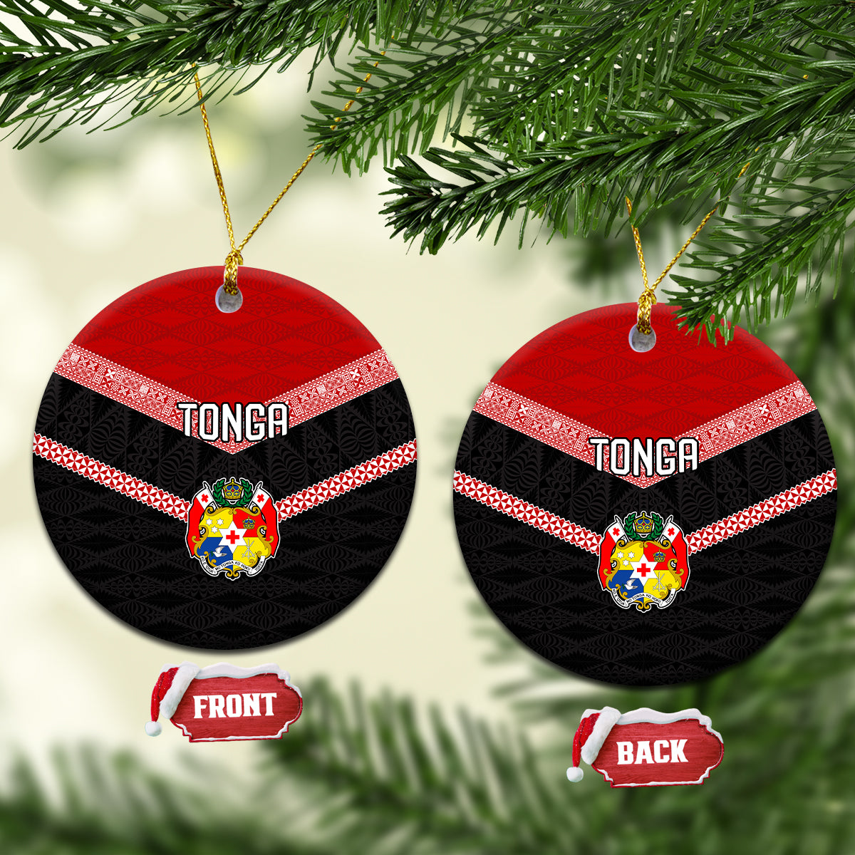 Tonga Ceramic Ornament Tonga Coat of Arms with Seamless Tapa Ngatu Pattern LT03 Black - Polynesian Pride