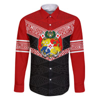 Tonga Family Matching Puletasi Dress and Hawaiian Shirt Tonga Coat of Arms with Seamless Tapa Ngatu Pattern LT03 Dad's Shirt - Long Sleeve Black - Polynesian Pride