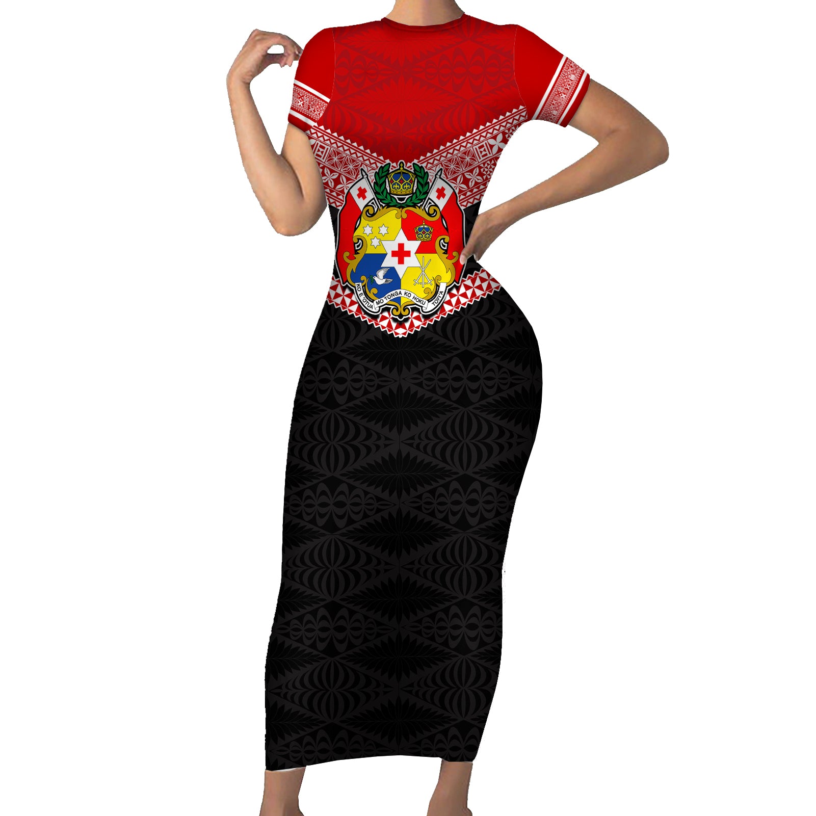 Tonga Short Sleeve Bodycon Dress Tonga Coat of Arms with Seamless Tapa Ngatu Pattern LT03 Long Dress Black - Polynesian Pride
