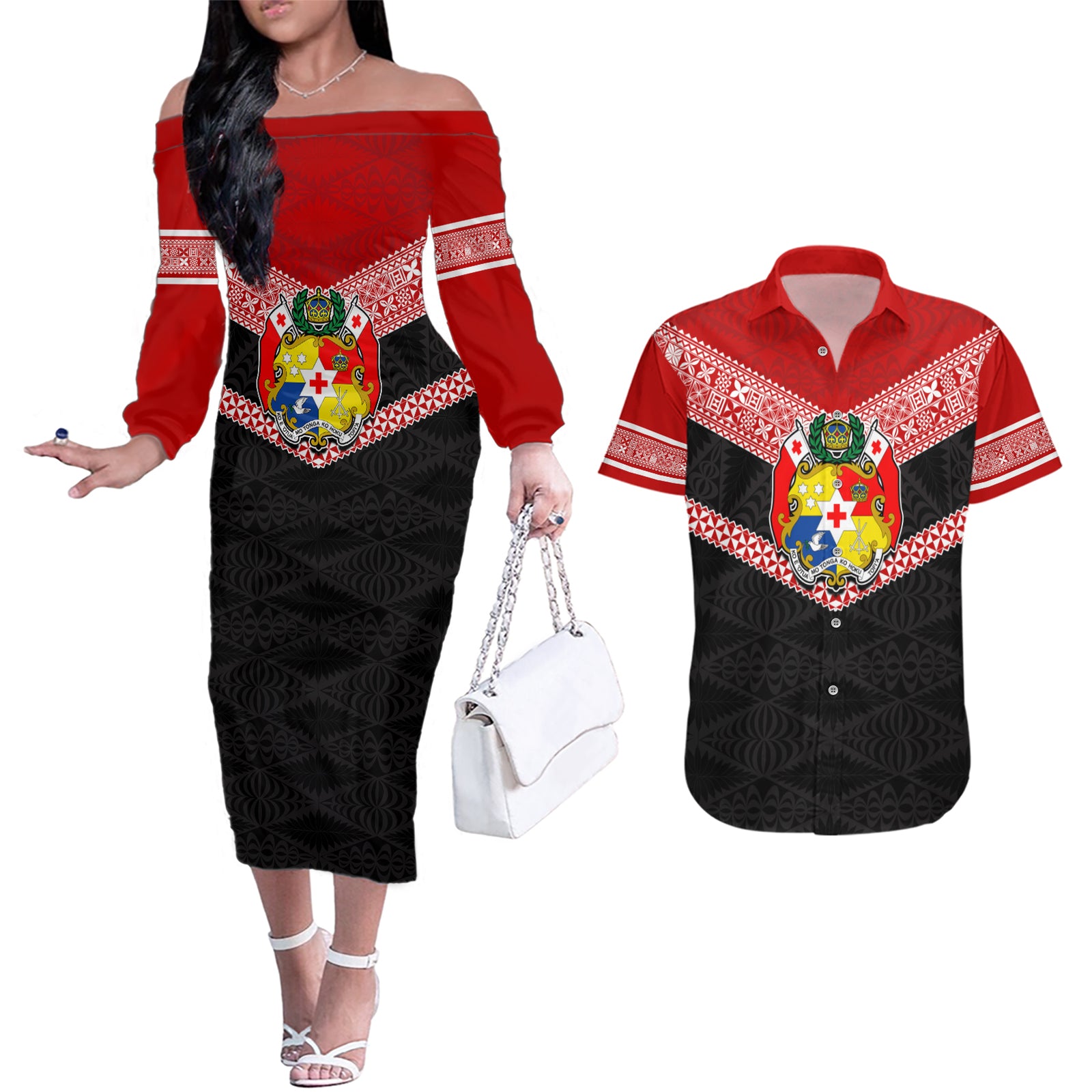 Personalised Tonga Couples Matching Off The Shoulder Long Sleeve Dress and Hawaiian Shirt Tonga Coat of Arms with Seamless Tapa Ngatu Pattern LT03 Black - Polynesian Pride