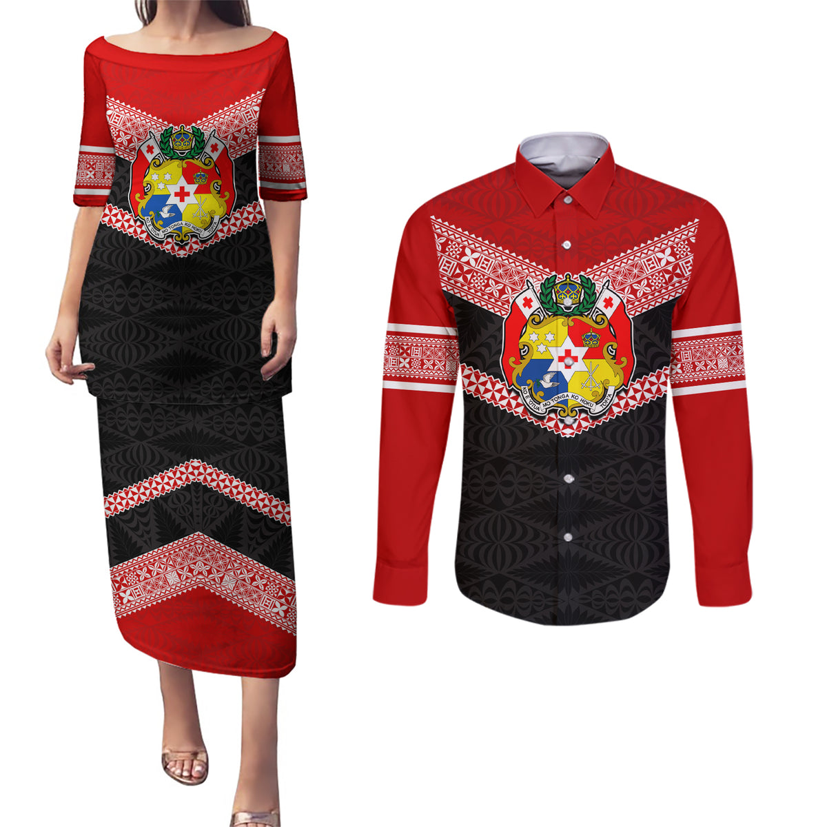 Personalised Tonga Couples Matching Puletasi Dress and Long Sleeve Button Shirts Tonga Coat of Arms with Seamless Tapa Ngatu Pattern LT03 Black - Polynesian Pride
