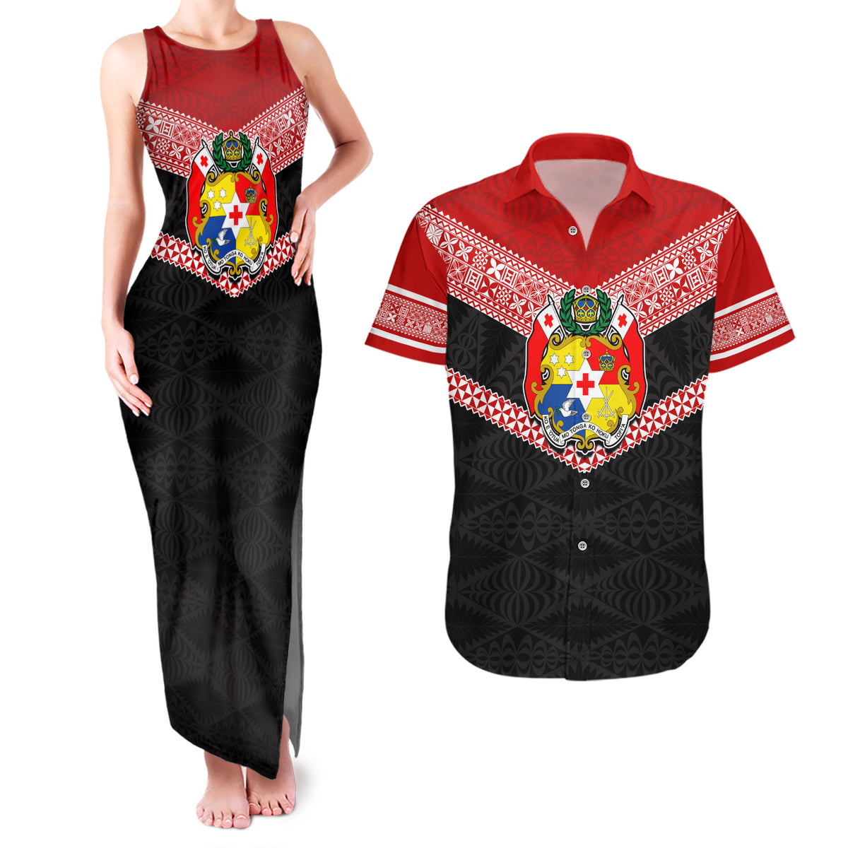 Personalised Tonga Couples Matching Tank Maxi Dress and Hawaiian Shirt Tonga Coat of Arms with Seamless Tapa Ngatu Pattern LT03 Black - Polynesian Pride