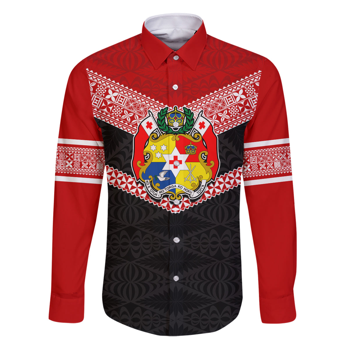 Personalised Tonga Family Matching Long Sleeve Bodycon Dress and Hawaiian Shirt Tonga Coat of Arms with Seamless Tapa Ngatu Pattern LT03 Dad's Shirt - Long Sleeve Black - Polynesian Pride