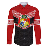 Personalised Tonga Family Matching Mermaid Dress and Hawaiian Shirt Tonga Coat of Arms with Seamless Tapa Ngatu Pattern LT03 Dad's Shirt - Long Sleeve Black - Polynesian Pride