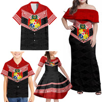 Personalised Tonga Family Matching Off Shoulder Maxi Dress and Hawaiian Shirt Tonga Coat of Arms with Seamless Tapa Ngatu Pattern LT03 - Polynesian Pride