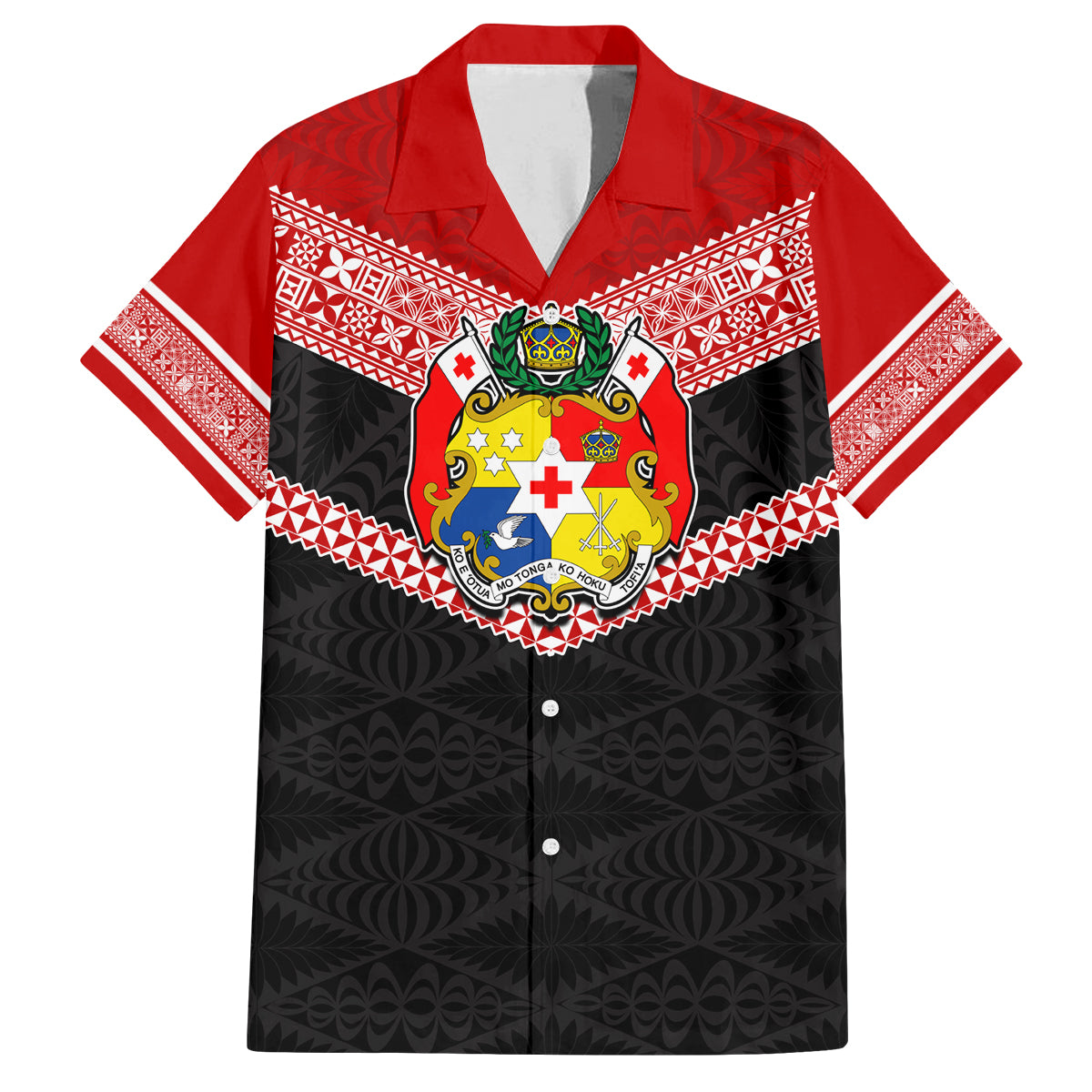 Personalised Tonga Family Matching Off Shoulder Maxi Dress and Hawaiian Shirt Tonga Coat of Arms with Seamless Tapa Ngatu Pattern LT03 Dad's Shirt - Short Sleeve Black - Polynesian Pride