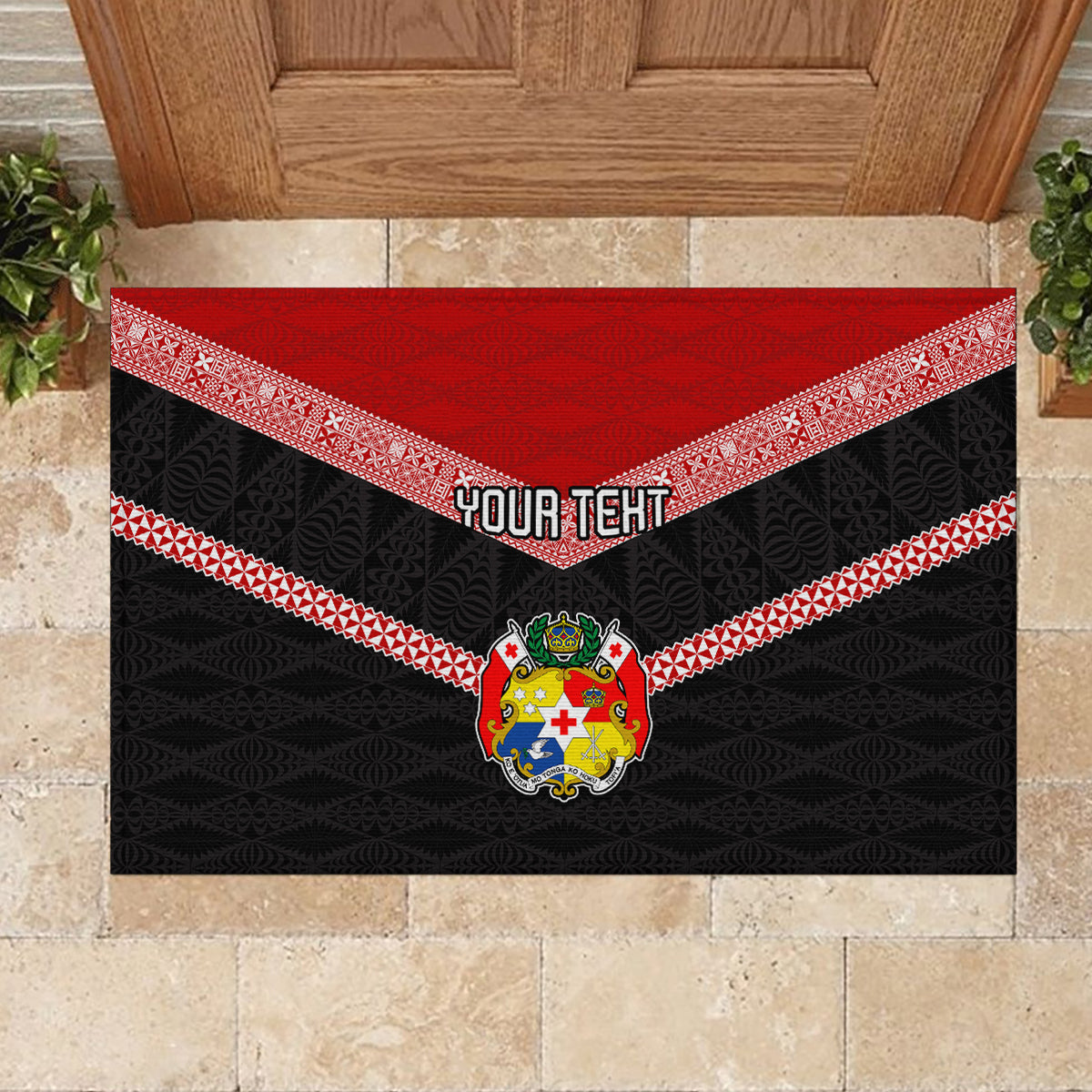 Personalised Tonga Rubber Doormat Tonga Coat of Arms with Seamless Tapa Ngatu Pattern LT03 - Polynesian Pride