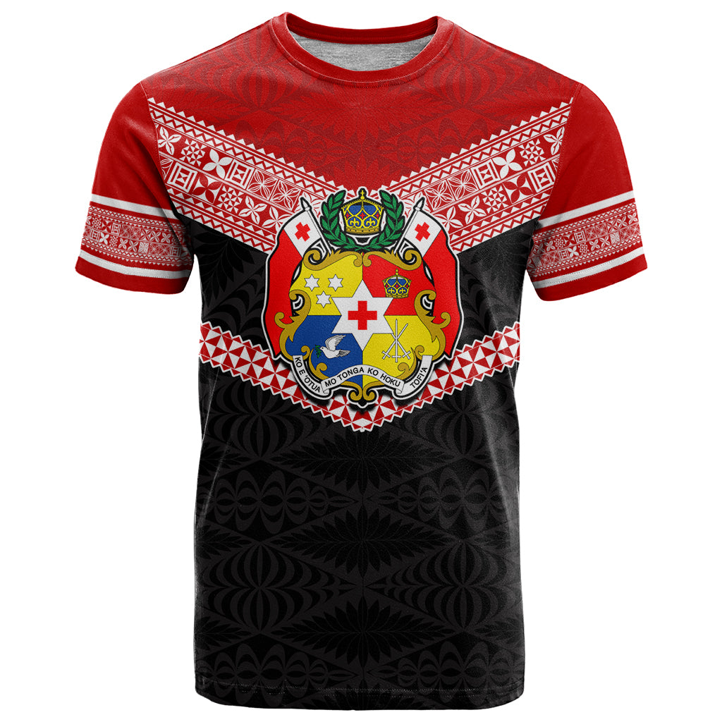 Personalised Tonga T Shirt Tonga Coat of Arms with Seamless Tapa Ngatu Pattern LT03 Black - Polynesian Pride