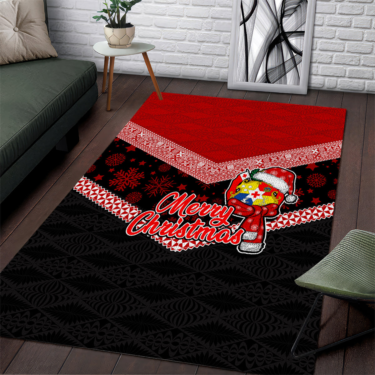 Tonga Christmas Area Rug Tongan Coat of Arms Santa With Ngatu Pattern Christmas Red Style LT03 Red - Polynesian Pride