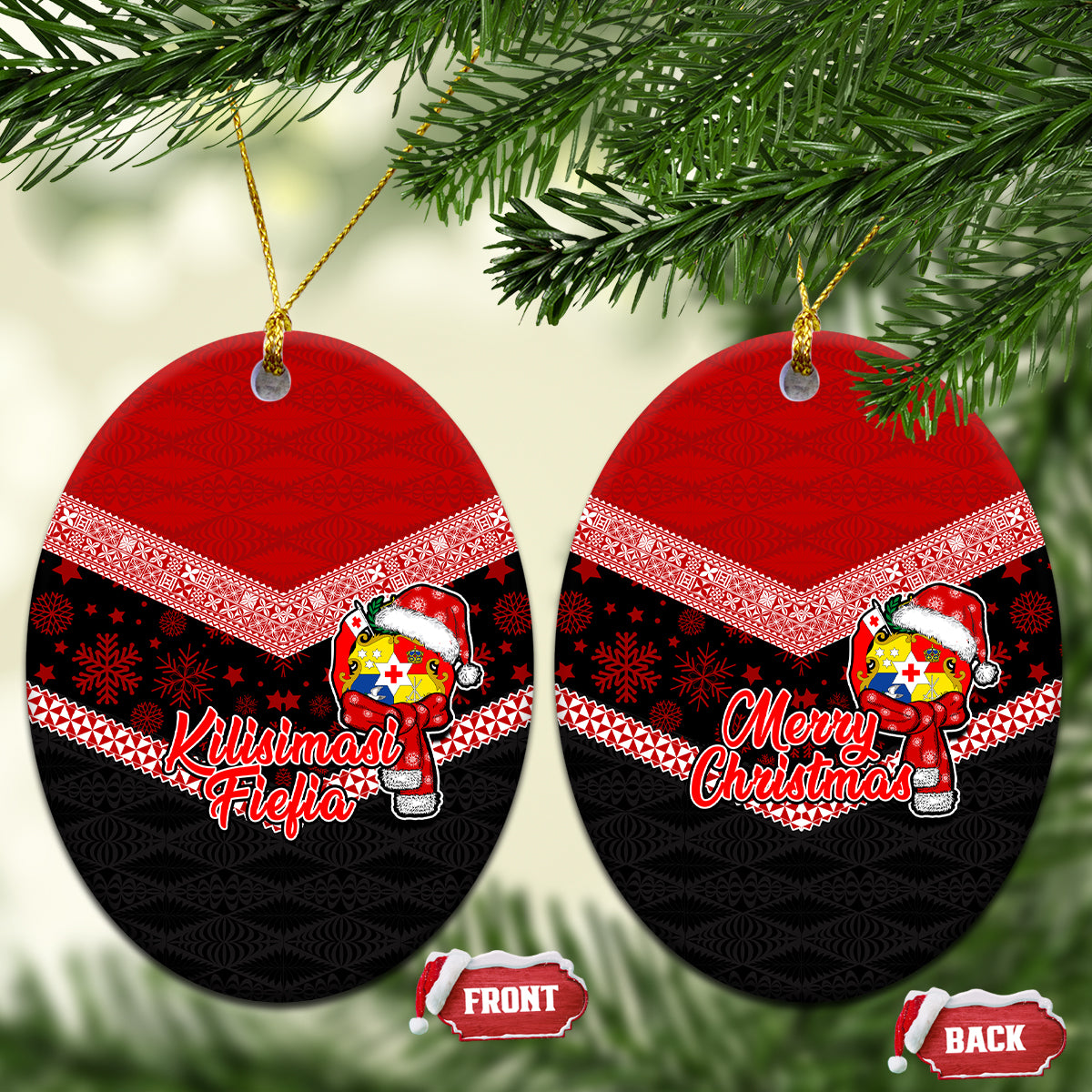 Tonga Christmas Ceramic Ornament Tonga Coat of Arms with Seamless Tapa Ngatu Pattern Xmas Red Style LT03 - Polynesian Pride