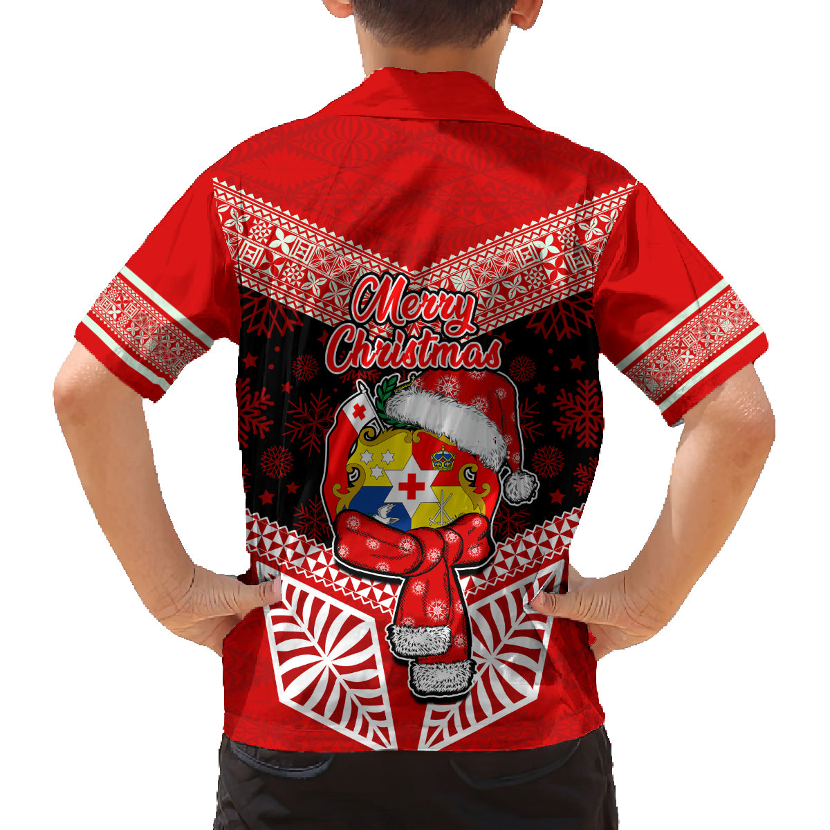 Tonga Christmas Family Matching Off Shoulder Short Dress and Hawaiian Shirt Tongan Coat of Arms Santa With Ngatu Pattern Christmas Red Style LT03 - Polynesian Pride
