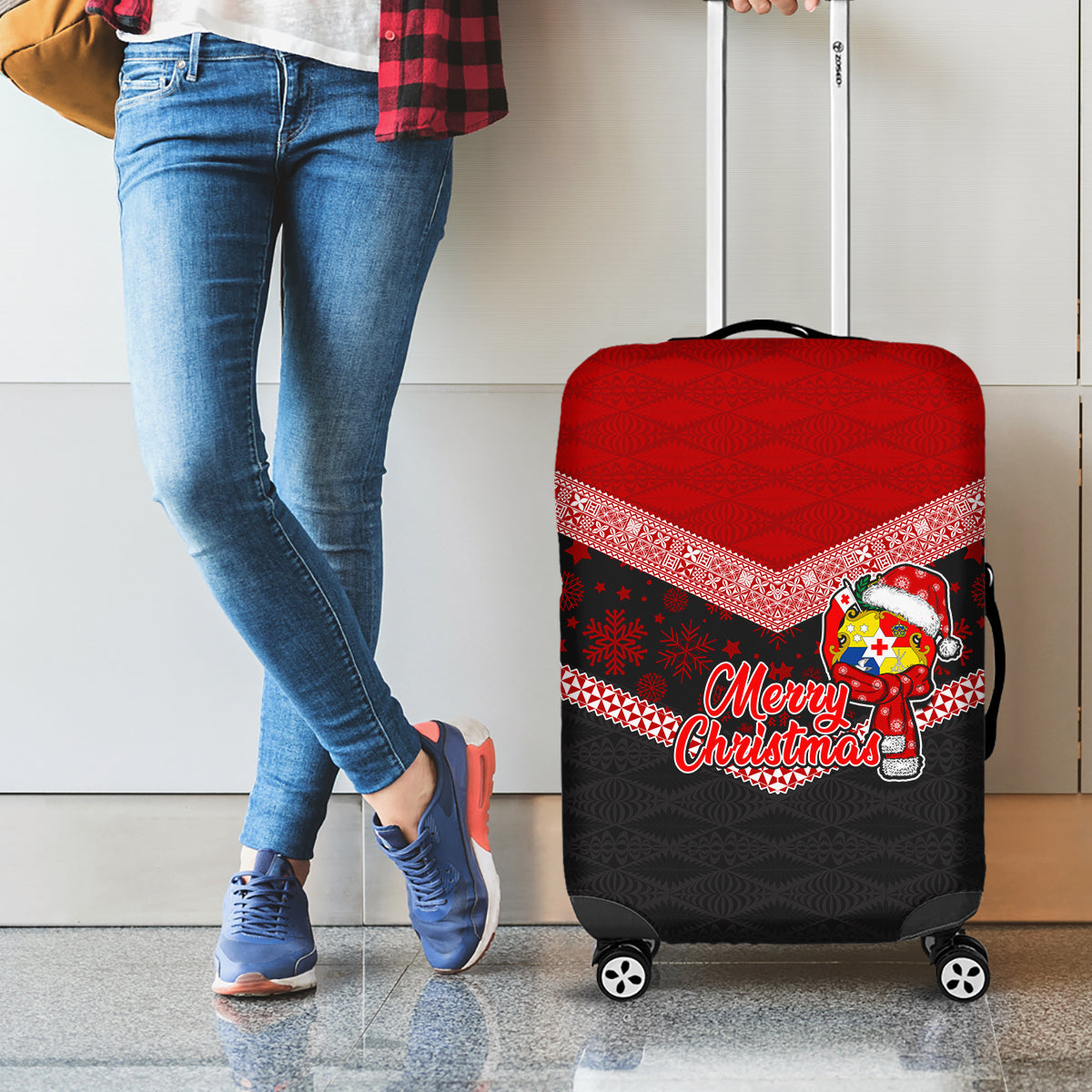 Tonga Christmas Luggage Cover Tongan Coat of Arms Santa With Ngatu Pattern Christmas Red Style LT03 - Polynesian Pride