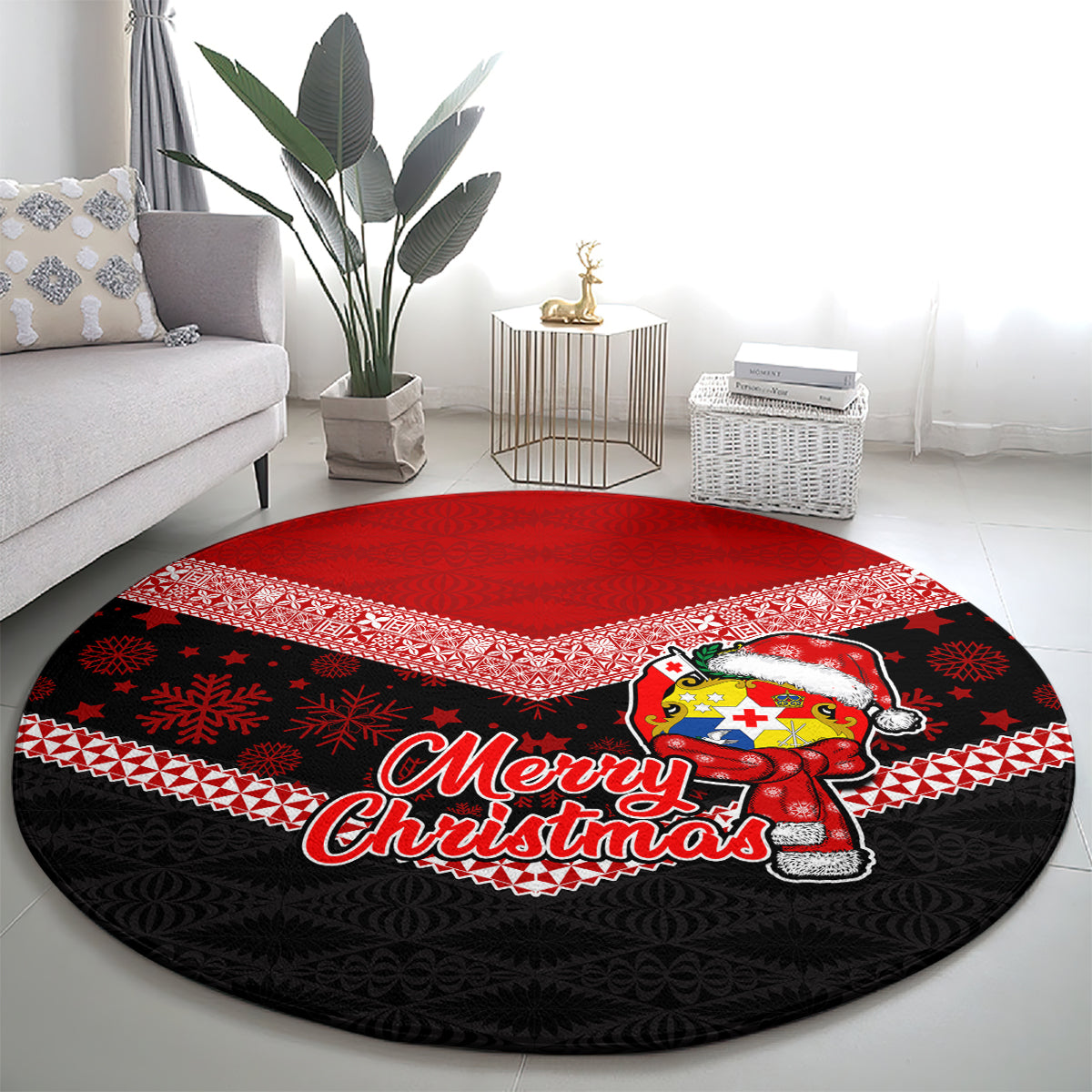 Tonga Christmas Round Carpet Tongan Coat of Arms Santa With Ngatu Pattern Christmas Red Style LT03 - Polynesian Pride