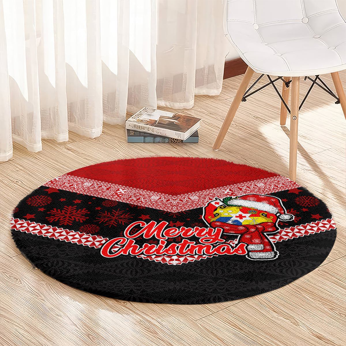 Tonga Christmas Round Carpet Tongan Coat of Arms Santa With Ngatu Pattern Christmas Red Style LT03 - Polynesian Pride
