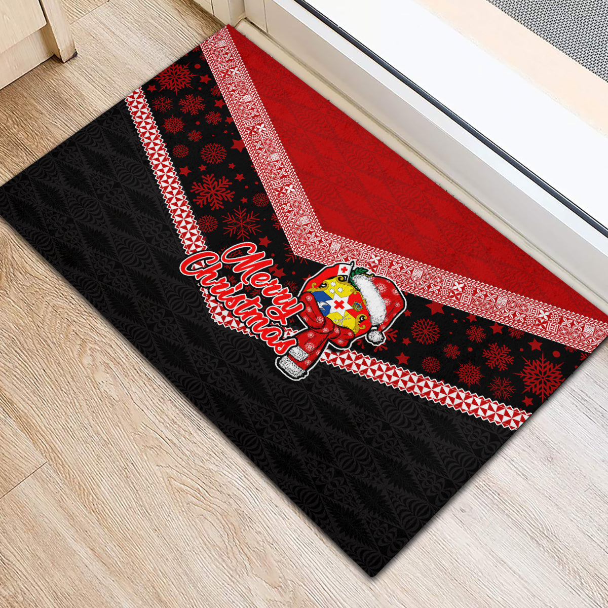 Tonga Christmas Rubber Doormat Tongan Coat of Arms Santa With Ngatu Pattern Christmas Red Style LT03 - Polynesian Pride