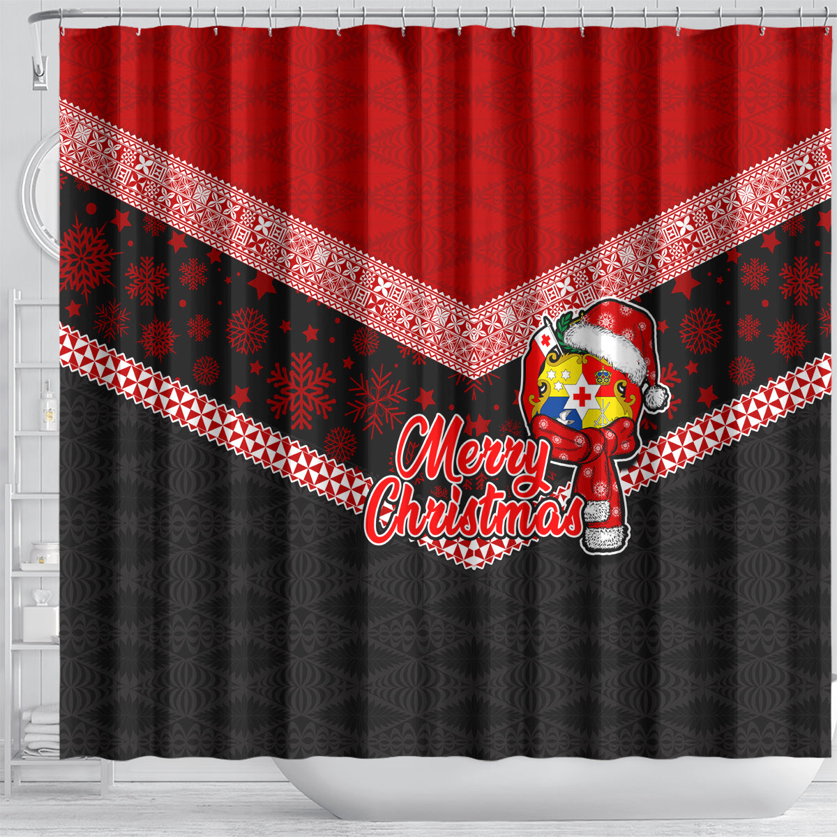 Tonga Christmas Shower Curtain Tongan Coat of Arms Santa With Ngatu Pattern Christmas Red Style LT03 - Polynesian Pride