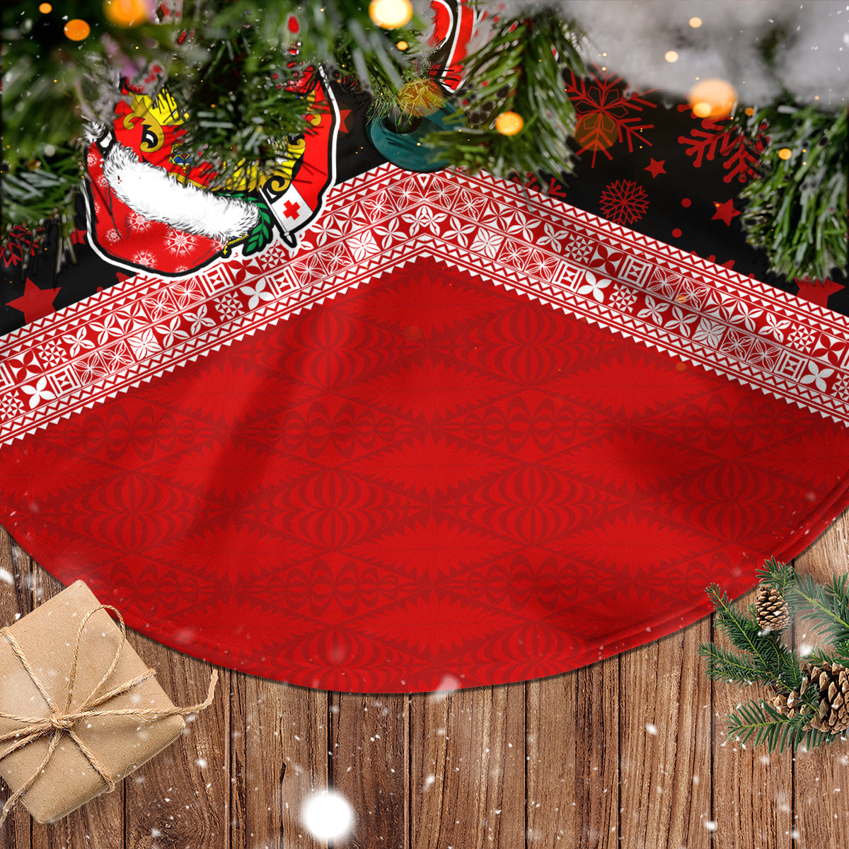 Tonga Christmas Tree Skirt Tonga Coat of Arms with Seamless Tapa Ngatu Pattern Xmas Red Style LT03 - Polynesian Pride